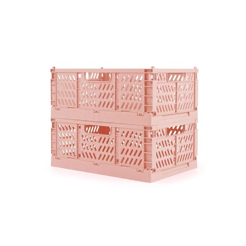2-Pack Crates for Storage, Storage Crates Plastic Stackable, Foldable Crate for Office Home Kitchen Bedroom Bathroom (Small, Pink)