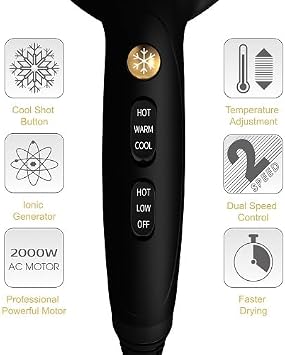 JINRI Hair Dryer, 2000W, 3 Heat & 2 Speed, Detachable Air Intake, with Diffuser, with Concentrator, Hanging Strap, Non-Foldable, Black