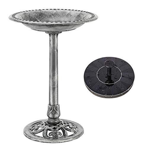 VIVOHOME Baño para Pájaros de Poliresina con Fuente Solar 2 en 1 Baño para Pájaros Antiguo para Jardín al Aire Libre Cuenco para Beber y Comer Pájaros Silvestres