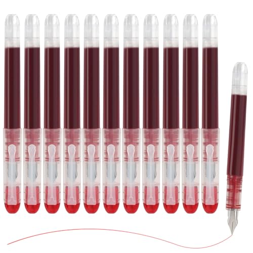 MOTIBACK 12PCS Disposable Fountain Pens - Red Ink Smooth Writing Fountain Pen, Quick-Drying Liquid Ink, Fine Nib for Journaling, Sketching, Lettering, Calligraphy, School, Office & Gift Supplies