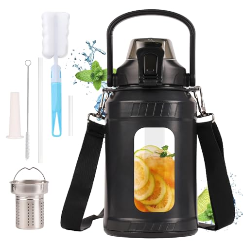 yeixzoua Glasflasche 1 liter, Trinkflasche Glas-1l, Glasflasche Mit Strohhalm, Wasserflasche Glas- 1l- Mit Hülle, Große- Trinkflasche Glas Bruchsicher, Für Gym, Sport, Täglich, Schwarz