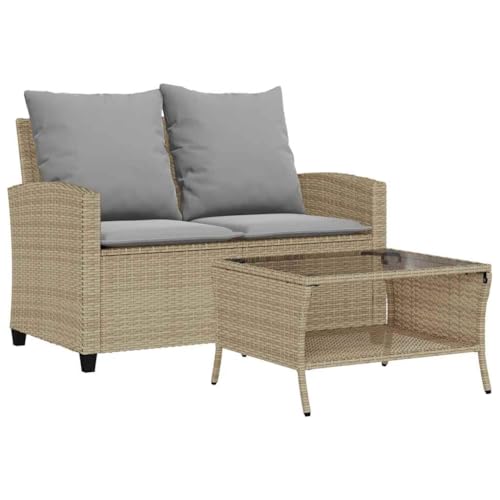 vidaXL Gartensofa 2-Sitzer mit Kissen & Tisch Beige Poly Rattan, Outdoor Sofa, Terrassensofa, Zweisitzer Gartensofa, Garten Sofa, 2-Sitzer Gartensofa