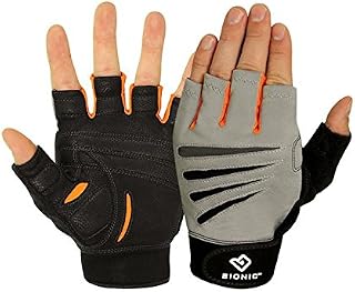 Bionic Glove Men's Cross-Training Fingerless Gloves w/ Natural Fit Technology, Gray/Orange (PAIR), Large