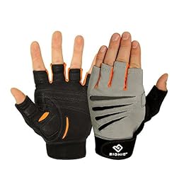 BIONIC Glove Men’s Cross-Training Fingerless Gloves w/Natural Fit Technology, Gray/Orange (Pair)