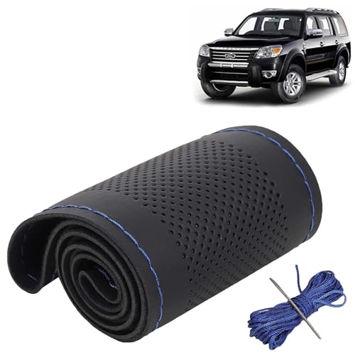Image of KINGSWAY PU Leatherite Car Steering Cover Sewable Compatible with Ford Endeavour (Year 2009-2015), Black Color with Blue Thread, Pack of 1 with Sewing Needle and Thread