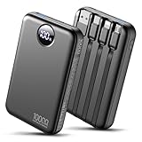 HAIARA Portable Charger 10000mAh Power Bank with 4 Built-in Cables,LED Display Compact and Battery Pack with Multiple USB Ports All-in-One Travel Charger for iPhone,Android and Other Devices-Black