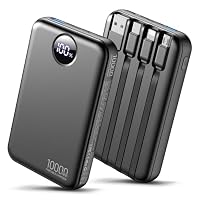 Power Bank 10000mAh with 4 Built-in Cables Portable Charger Fast Charging | Travel Essentials for USB C Battery Pack for iPhone/Samsung/Android, LED Display Powerbank for Multiple Devices-Black