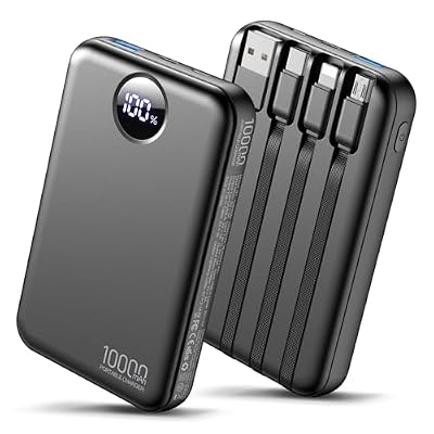 Zmmyuluo Portable Charger with 4 Built-in Cables Power Bank 10000mAh Fast Charging Battery Pack,LED Display Compact with Multiple USB Ports Travel Charger for iPhone,Android and Other Devices-Black