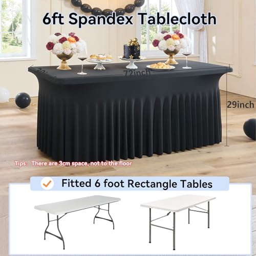 Image of 2 Pack Black Spandex Tablecloth 6ft with Ruffled Skirt,Wrinkle Free High Stretch Fitted Tablecloths for 6 Foot Rectangle Tables,Pleated Elastic Spandex Table Covers 6ft for Parties Wedding Banquet