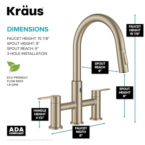 Image of KRAUS Oletto Touchless Sensor Bridge Kitchen Faucet with Pull-Down Sprayhead in Spot-Free Antique Champagne Bronze, KSF-3122SFACB