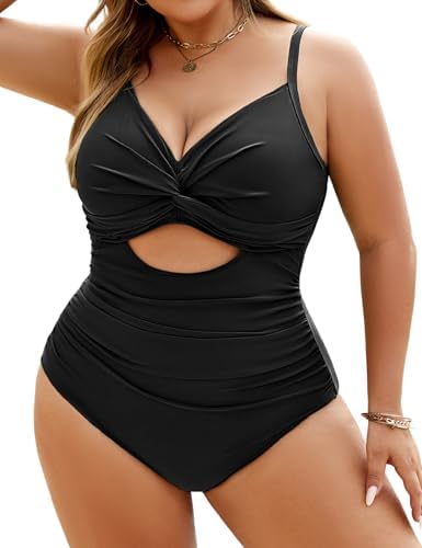 Vancavoo Badpak voor dames, grote maten, rondingen badpakken, eendelig, V- hals, beachwear, 1 stuk zwempak strand zomer, Kleur: zwart, XXL