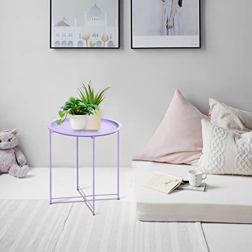 Folding Tray Metal Side Table Purple Green Round End Table Cyan Sofa Small Accent Fold-Able Table, Round End Table Tray, Next To Sofa Table, Snack Table For Living Room And Bed Room #TOP1