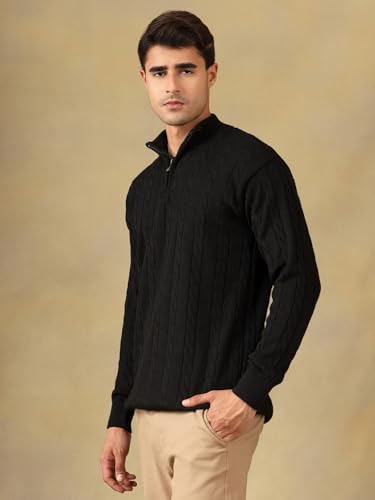 Image of Kvetoo Men's Wool High Neck Zipper Sweater, Full Sleeve Cable Knit Quarter Zip Winter Pullover