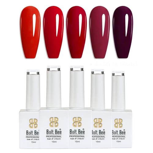Image of Bolt Bee Gel Polish Kit, 6 Colors Light Soft Sakura White Nude Spring Soak off Nail Art Design Manicure Kit at Home (Red & Dark Wine Shades)