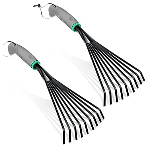 Gardening Hand Rake Stainless Steel Hand Tiller Small Garden Rake for Gardening Short Handle Rake with Handle Garden Tools for Cultivating Loosening Soil Spreading Mulch (Gray Green Handle, 2 Pcs)