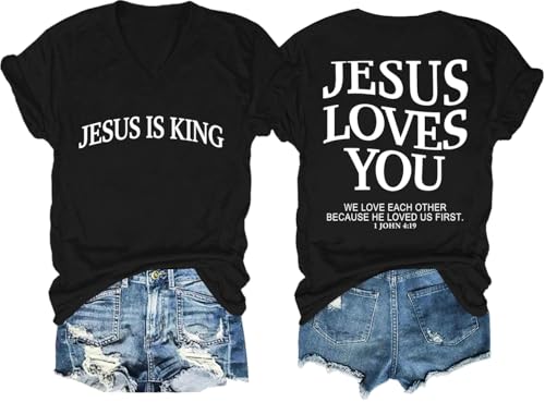 Christian Shirts for Women Jesus is The Light Shirt Christian Bible Verse Graphic Tees Faith Religious Shirt V Neck