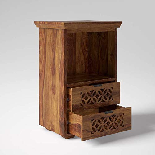 Image of Jangid Handicraft Solid Sheesham Wood Bedside Table for Bedroom | Wooden Bed Side Nightstand End Table with 2 Drawer & Open Shelf Storage for Home & Living Room | Sofa Side Table | Honey Finish