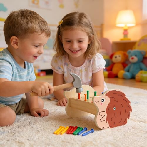 Image of Wooden Hammer Pounding Bench Montessori STEM Toy for Toddler Early Development