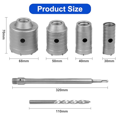 MAXAZTEX Trockenbohrkronen-Set für Beton – 6-tlg. Set Ø 30/40 / 50 / 68mm mit 320mm Rundschaft & SDS-Plus Adapter – Hohlbohrkronen für Mauerwerk, Ziegel, Zement, Stein, Fliesen & Klimaanlagenmonta