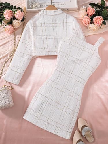 Floerns Girl's Plaid Long Sleeve Button Front Tweed Blazer with Cami Dress Set2
