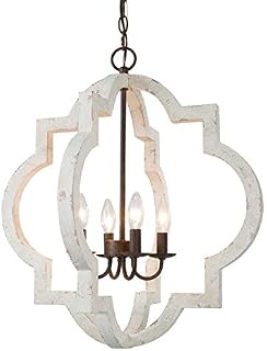 LOG BARN Farmhouse Chandelier, Handmade Distressed White Large Wood Light Fixture for Dining