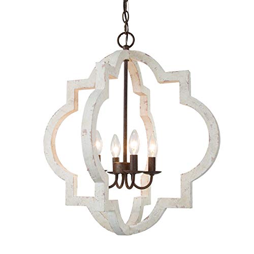 LOG BARN Farmhouse Chandelier, Handmade Distressed White Large Wood Light Fixture for Dining
