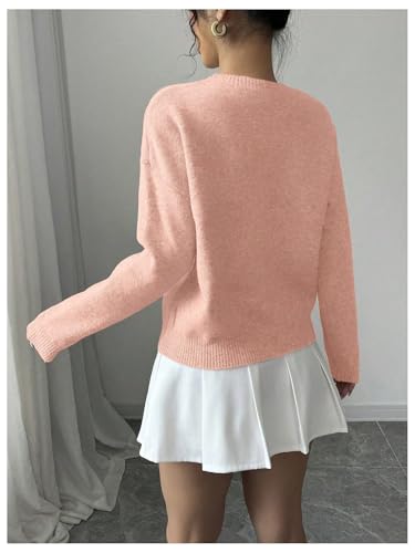 Image of RoseSeek Women's 3D Floral Appliques Crewneck Sweaters Long Sleeve Drop Shoulder Pullovers Elegant Knit Tops