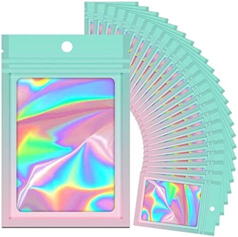 100 Pieces Resealable Mylar Ziplock Bags, Holographic Gradient Bags with Clear Window, Packaging Pouch Party Bags Sample Bags (Hot Pink&Orange, 9x12 CM)