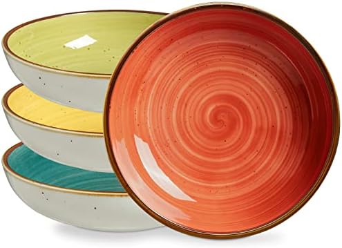 ONEMORE Pasta Bowls 30 Ounce Porcelain Salad Bowls Shallow Bowls for Pasta Set of 4 Shallow Bowl Plates, Microwave & Dishwasher Safe, Assorted Color