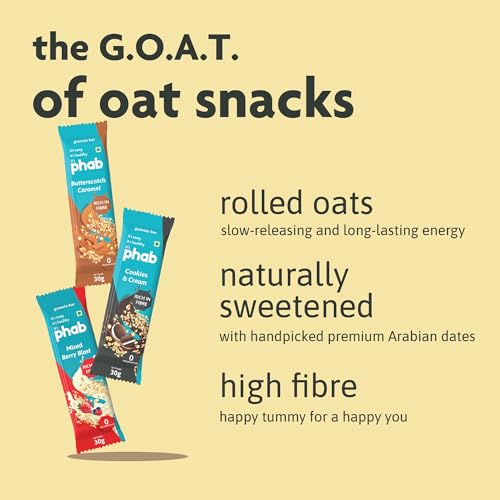 Phab Assorted Granola Snack Bars|Cookies & Cream, Berry, Butterscotch|Healthy Cereal & Breakfast Bar|High Fiber, Gut-Friendly|No Trans Fat|No Preservatives|Source Of Protein|Pack Of 6x 30 Gram)