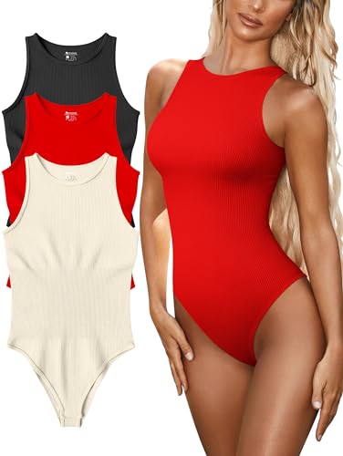 Image of OQQ Women's 3 Piece Bodysuits Sexy Ribbed One Piece Sleeveless Halter Neck Tops Leotard Summer Trendy