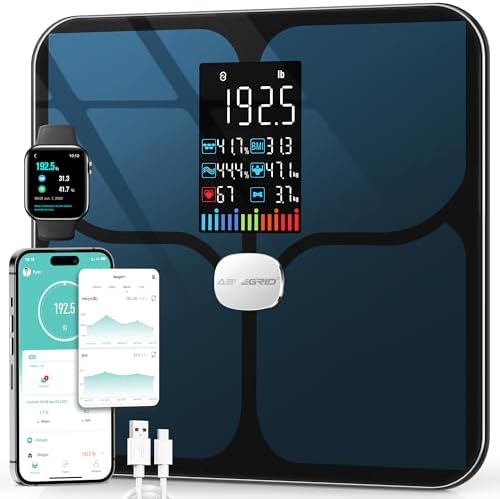 ABLEGRID Body Fat Scale,Digital Smart Bathroom Scale for Body Weight,Large Color Display Screen,16 Body Composition Metrics BMI,Water Weigh,Heart Rate,Baby Mode,400lb,Rechargeable