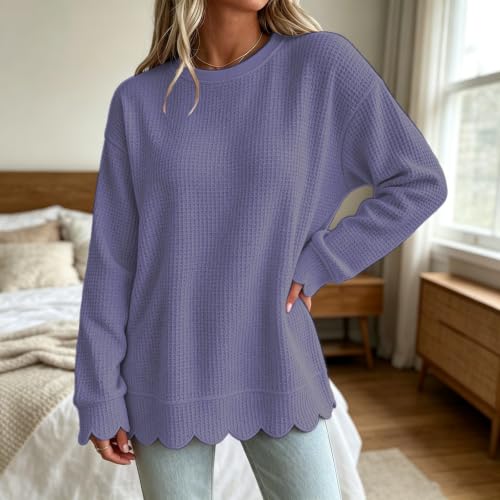 Jielayou Waffle Sweatshirt Women Scalloped Hem Crewneck Comfy Pullover Tops - image 2