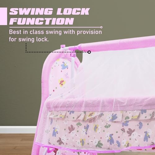 Image of PANDAORIGINALS Jumbo Baby Cradle|Soft Cushion Baby Jhula /Paalna Cute cot with Mosquito Net for 0-9 Months Boys and Girls Super Strong Soft Cushion and Swing Lock Function (Jumbo Pink)