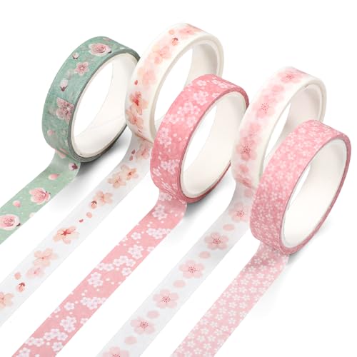 Fyntave 5 Rolls Sakura Washi Tape Set Floral Decorative Tapes Cute Flowers Patterns Tape Japanese Arts Adhesive Tapes Modern Arts Masking Tapess for Art DIY Crafts Journals Scrapbooking Wrapping