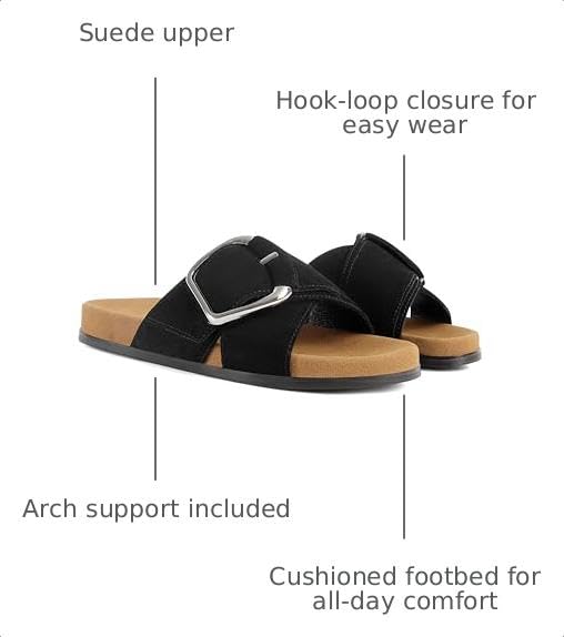 Image of Flat Sandals for Women Cross Buckle Straps Slides Slip-On Comfortable Summer Vacation Beach Sandals