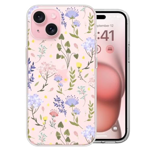 Coque iPhone 15 Plus fleurs sauvages rigide en polycarbonate et TPU antichoc de 6,7 pouces