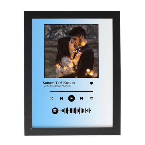 Image of wood Spotify Rectangular Shape Wall Mount Photo Frame Personalized Picture Music Frame Anniversary For Gift | Scannable Spotify Song Qr Code Frame With Your Photo, Blue & White - 16x24 Inch