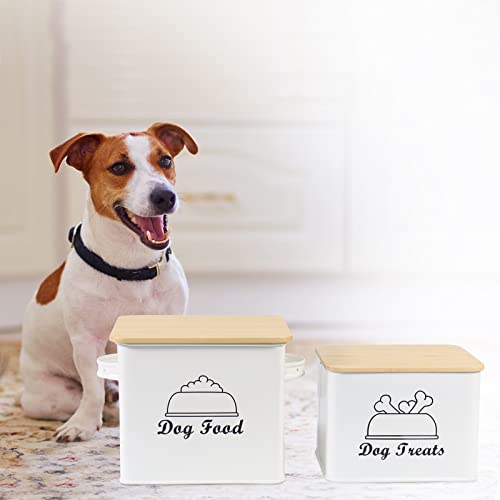 Brabtod Airtight Dog Food And Treats Storage Container Set,Metal Pet Food Storage Bin With Name Stickers,Can Be Personalized Pet Treats Food Canister Treats Jar With Wooden Lid And Scoop -White #TOP3