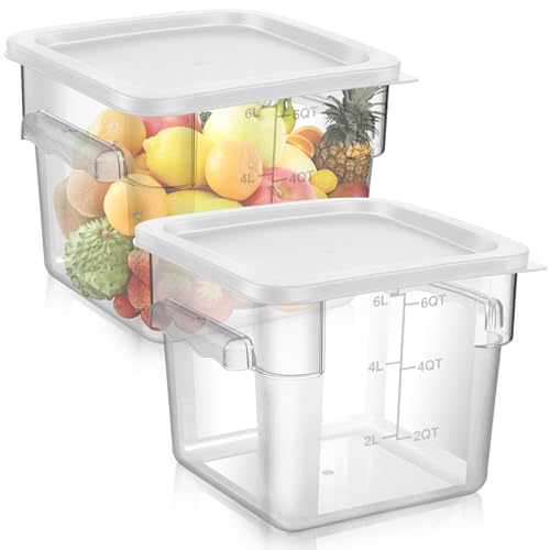 FoldTier 2 Pieces Square Food Storage Containers Polycarbonate Clear food Container with Lid Commercial Storage with Graduations for Commercial Kitchen Dough Marinating Meat(White,6 Qt)