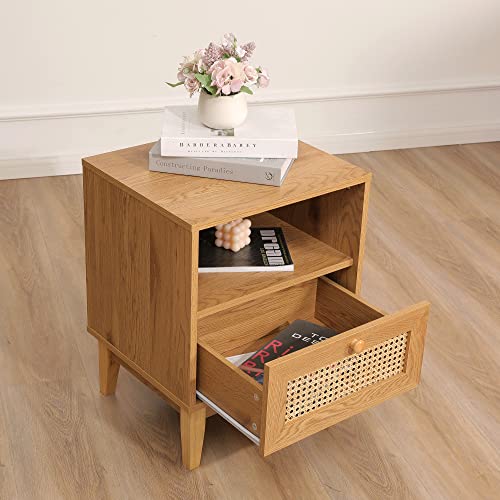 Betterhood Rattan Nightstand Set Of 2, Boho Side Table With Handmade Rattan Decorated Drawer, Mid-Century Modern Nightstand With Open Storage Shelf For Bedroom, Living Room, Natural #TOP4
