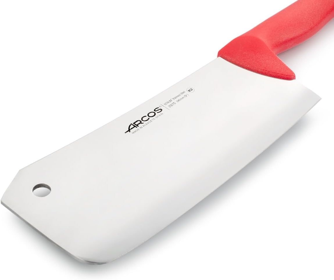 Arcos Butcher Knife 9 inch Nitrum Stainless Steel. Cleaver Knife. Polypropylene Red Handle. Color Identification System for Prolonged and Heavy Use. 2900 Series. Color Red.