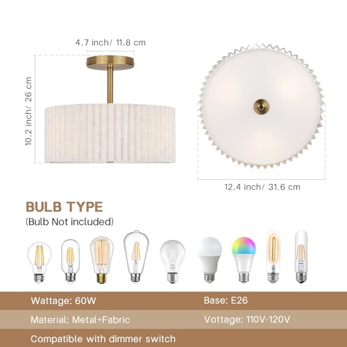 Mid Century Modern Semi Flush Mount Ceiling Light with Pleated Fabric Shade, 12.5 in Drum Gold Light Fixture with Lights, Beige White Linen Lamp for Bedroom, Living Room, Dining Room, Hallway by CLARSYNE - Image 2