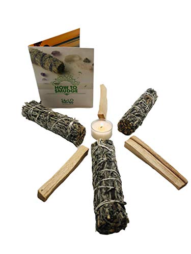 Solo Therapy Smudge Kit: 3 Black Sage Smudge Sticks Mugwort, 3 Palo Santo Sticks from Perú, 1 Frankincense Tea Light Candle for Cleansing, Meditation, Yoga, How to Smudge Guide Included