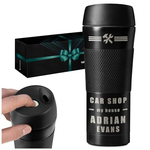 Image of Maverton Customised Travel Mug for Man - Black Tumbler with Non-Slip Headband - with Personalisation - Coffee and Tea Cup for boy - Insulated Cup for Birthday - Gadget for Christmas for him - Tool