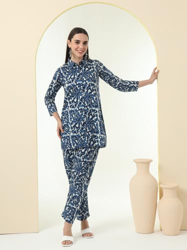 Image of Tissu Women's Plus Size Pure Cotton Grey Floral Tunic with Palazzo Co-ords