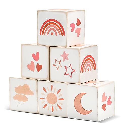 Image of Kigley 6 Pcs Rainbow Nursery Decor for Girls and Boys Nursery Watercolor Shelf Decor Muted Rainbow for Minimalist Neutral Moon, Stars, Clouds Baby Blocks for Bedroom Playroom Gifts