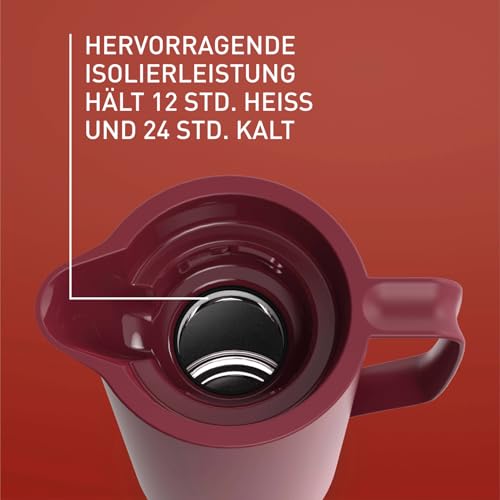 Foto von Emsa Motiva Isolierkanne, 1 Liter, Quick-Press-Verschluss, 12h heiß, 24h kalt, Glaskolben, Made in Germany, Nordisches Design, weinrot, N41702