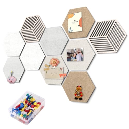 Hexagon Cork Bulletin Board Tiles 10 Pack 12'' x 10'' Adhesive Small Cork Board, Cute Pinboard with 35 Colorful Pins Small Cork Boards for DIY Office Home Classroom Decor Supplies