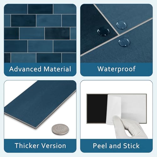 SUNWINGS 100-Sheet Subway Peel and Stick Backsplash Tile, 6" x 3" Blue Mixed Stone Composite Handmade Looks Self Adhesive Waterproof Wall Tile, Stick on Tiles for Kitchen Bathroom Shower Fireplace by sunwings - Image 3